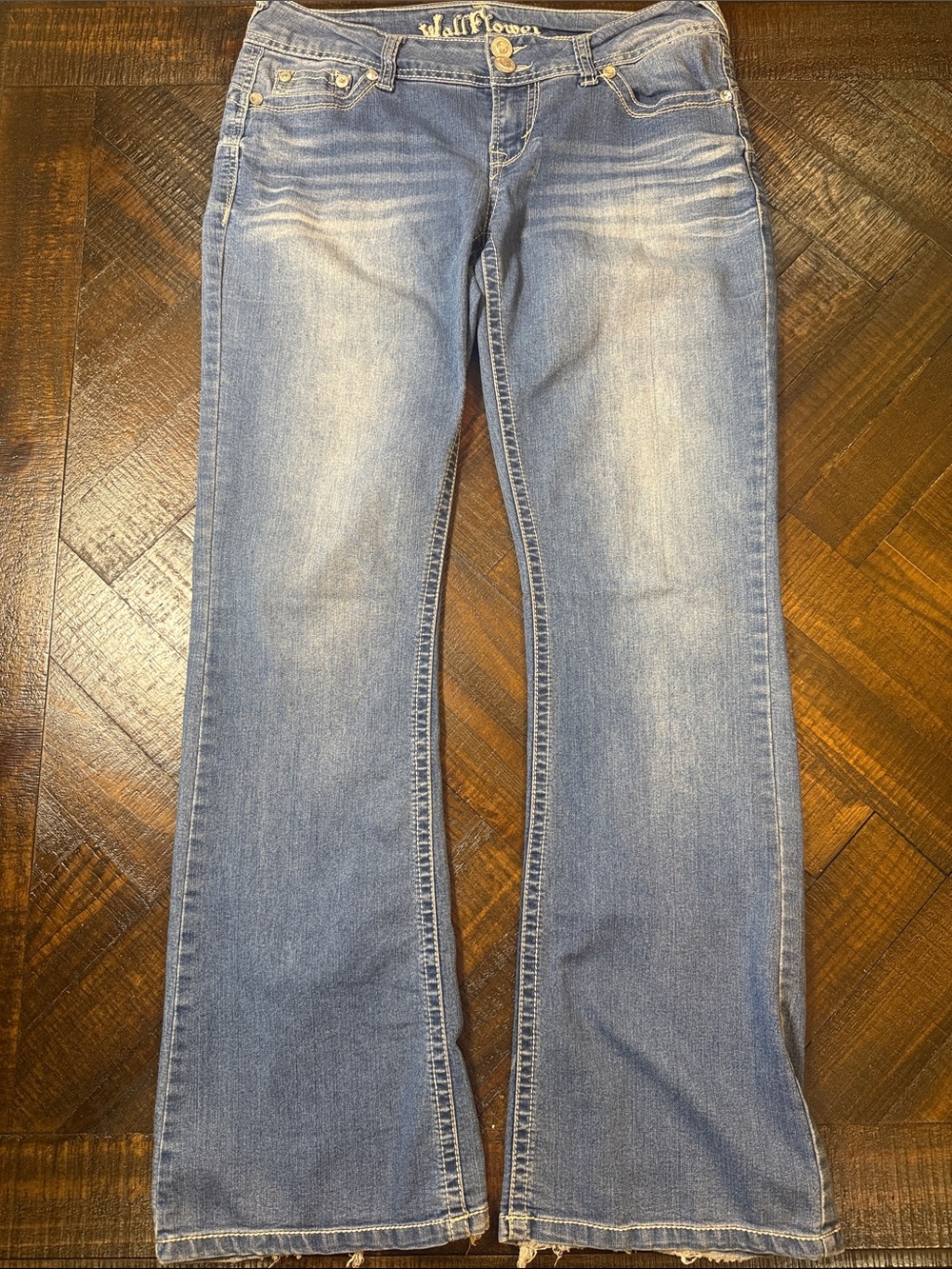WallFlower Size 7 Low Rise Flare Jeans Y2K Rhinestone Butterfly Distressed